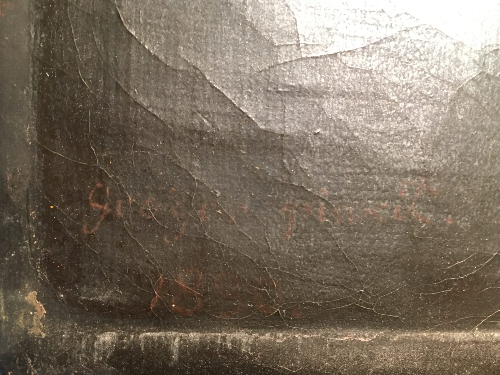 Detailaufnahme mit Signatur und Craquelé am weiteren Porträt von Therese von Bacheracht